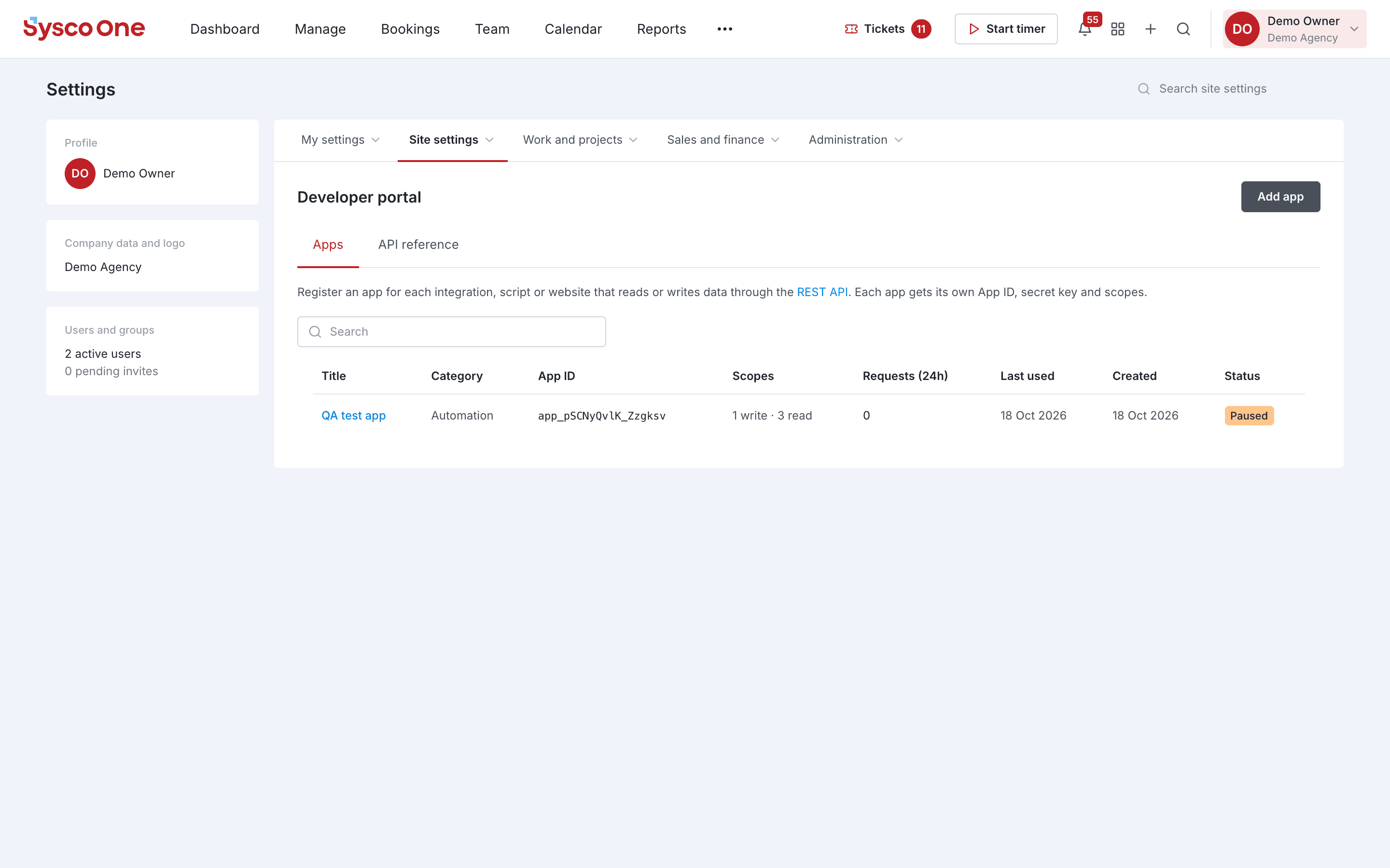 The sysco.one developer portal with registered API apps and their scopes