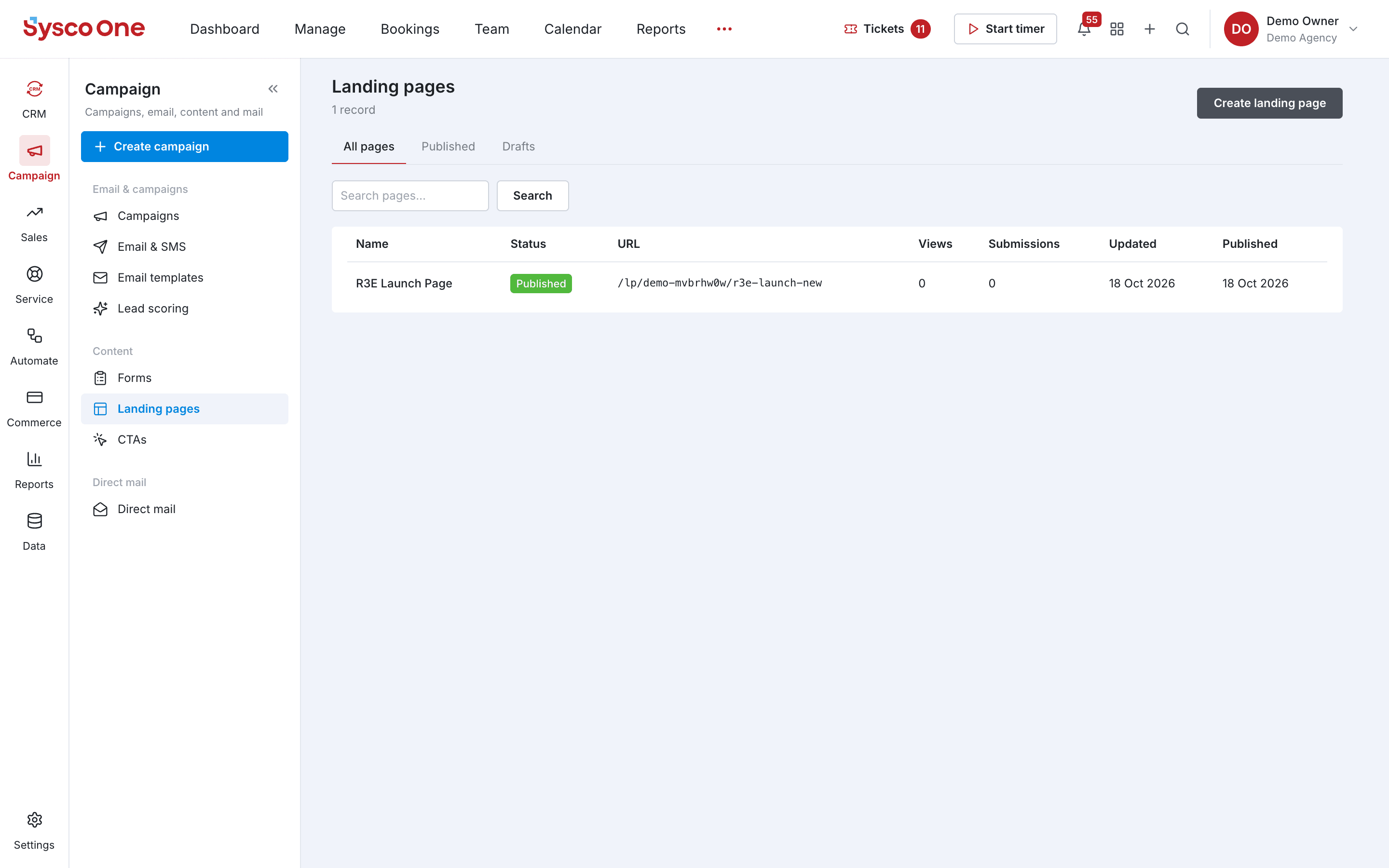 The Landing pages module in sysco.one