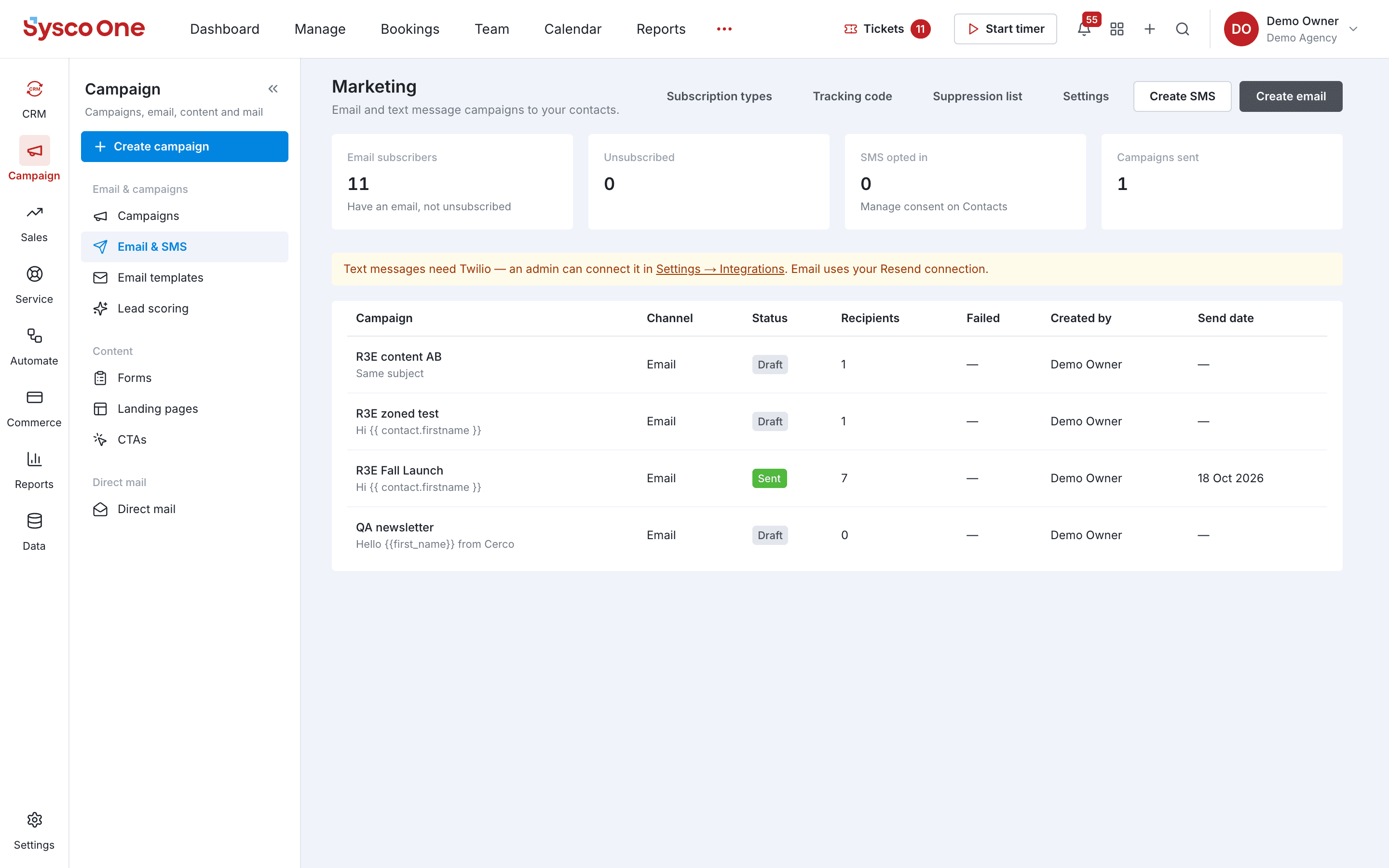 The Email & automation module in sysco.one