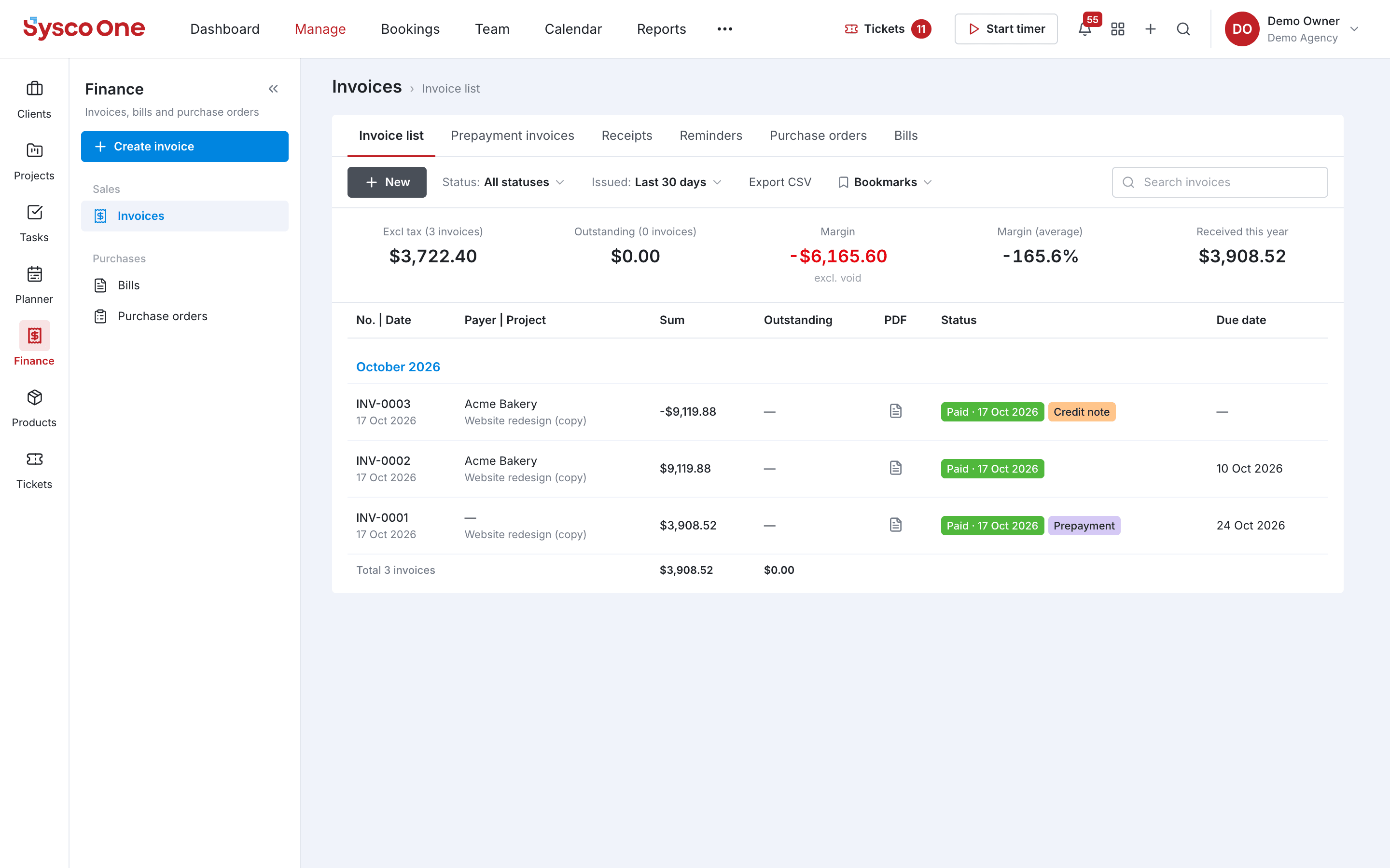The Invoices module in sysco.one